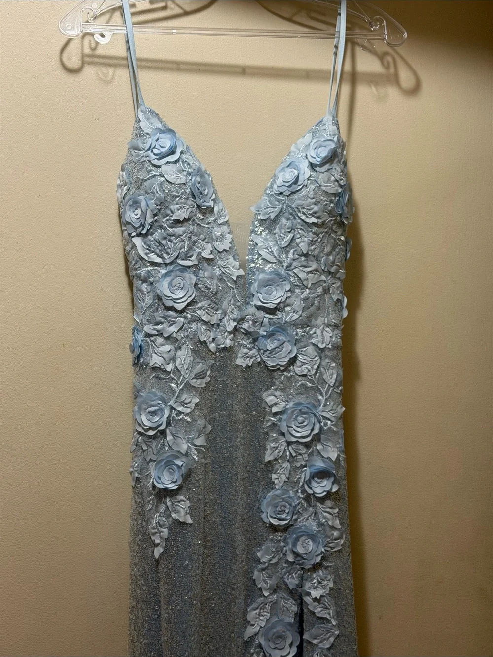 Jovani Light Blue Floral Appliqué Spaghetti-Strap Prom Gown - Picture 5 of 7